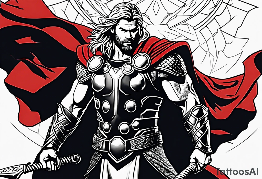 The Mighty Thor that looks like the Chris Hemsworth version with lightning in the background tattoo idea