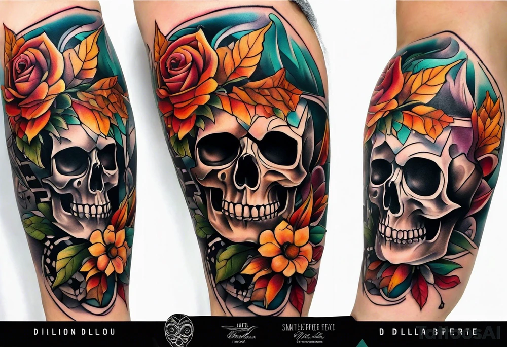 Knee tattoo with fall colors, flowers, skulls and geometric shapes. tattoo idea