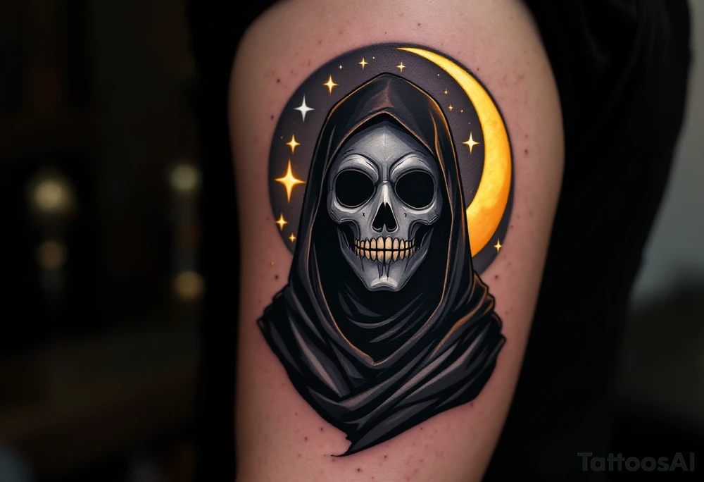 Plague Doctor with Moon & Stars – A celestial-inspired design, where the plaue doctor with tipical mask stands under a crescent moon with glowing silver stars. The mask is midnight black, reflecting the cold silver tones of the night. tattoo idea