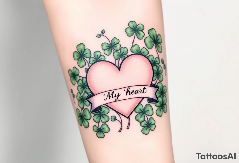 A ton of green shamrocks together with a big pale pink heart with a banner across the heart that says Peg 'o My Heart tattoo idea