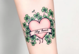 A ton of green shamrocks together with a big pale pink heart with a banner across the heart that says Peg 'o My Heart tattoo idea