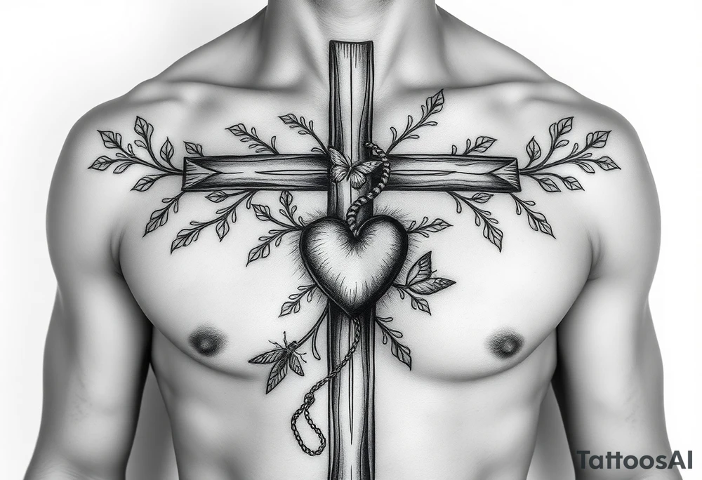 powerful majestic cross on the front of the body center to the chest with vines representing life and a heart within the cross being held like a chain from the cross and other symbols of life like insects and birds butterflies tattoo idea
