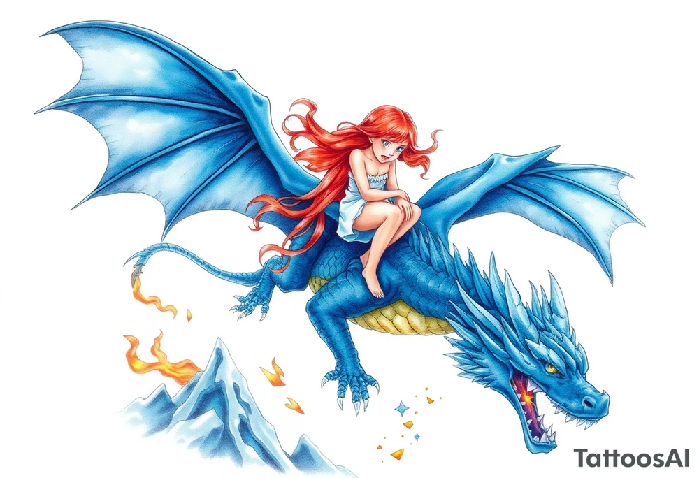 Scared redheaded girl on a blue fire breathing dragon with wings spread and flying over ice and hell tattoo idea