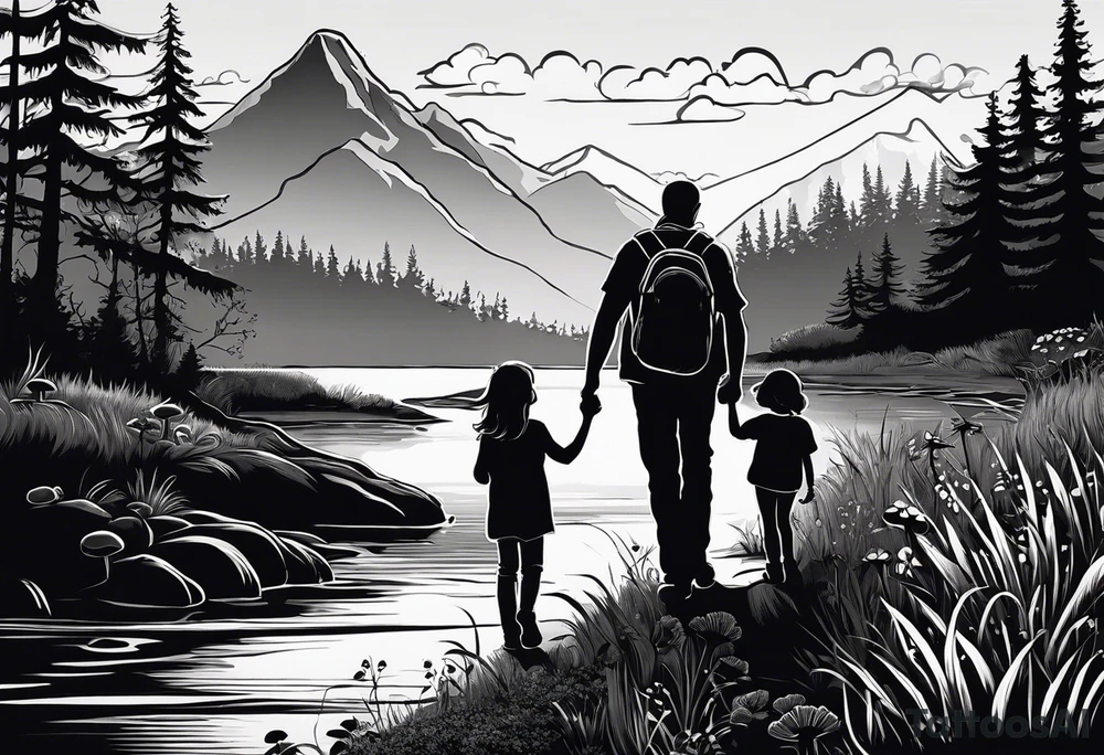 Family silhouette of a father, a mother, oldest son, middle daughter, and small daughter foraging mushrooms with mountains and creek in background tattoo idea