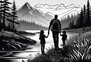 Family silhouette of a father, a mother, oldest son, middle daughter, and small daughter foraging mushrooms with mountains and creek in background tattoo idea