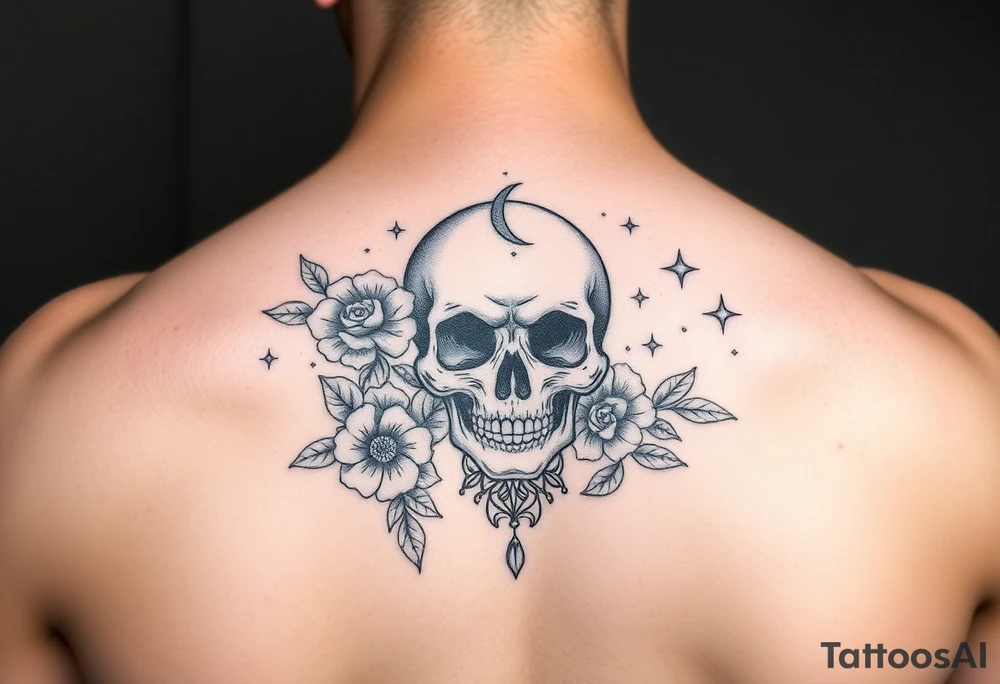 Feminie floral skull lovers moon and stars tattoo idea