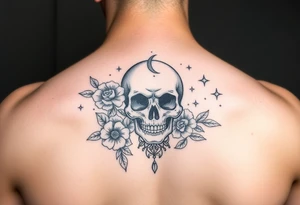 Feminie floral skull lovers moon and stars tattoo idea