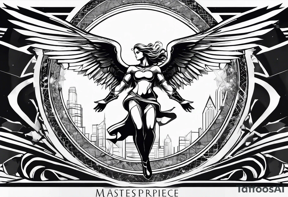 Angel in the pose of a superhero landing tattoo idea