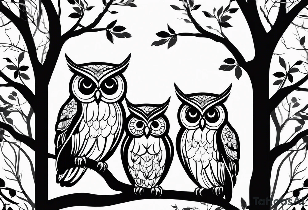 Three owl silhouettes with branch tattoo idea
