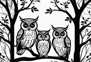 Three owl silhouettes with branch tattoo idea