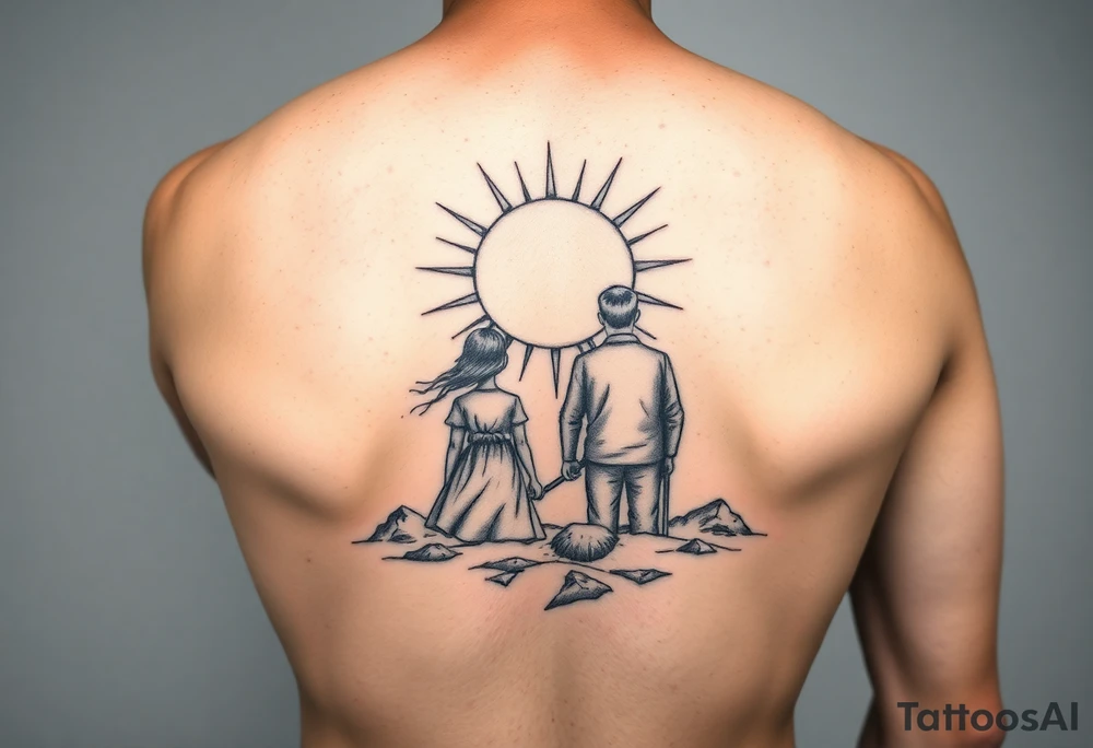 2 daughters and father in as siluetes of sun tattoo idea