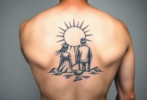 2 daughters and father in as siluetes of sun tattoo idea