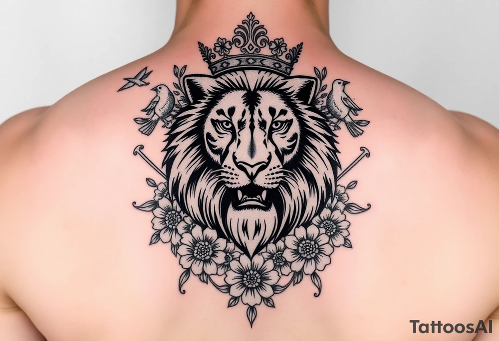 powerful majestic lion with a crown, surrounded by floral ornaments and birds tattoo idea