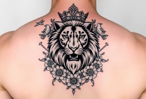 powerful majestic lion with a crown, surrounded by floral ornaments and birds tattoo idea