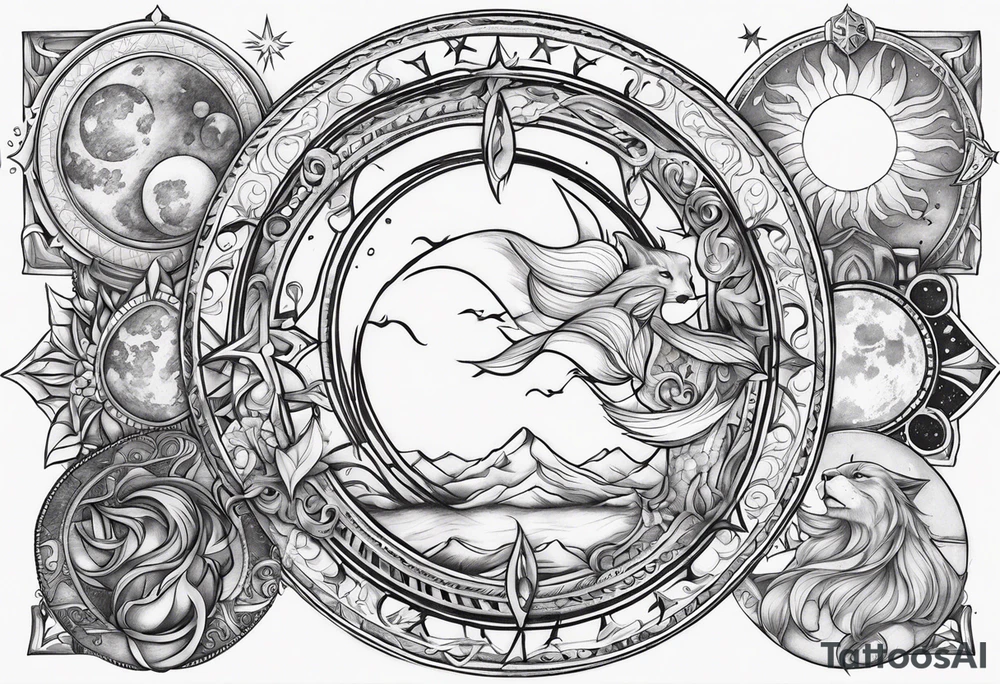 Astrology signs-
Pisces sun 
Aquarius moon 
Leo rising tattoo idea