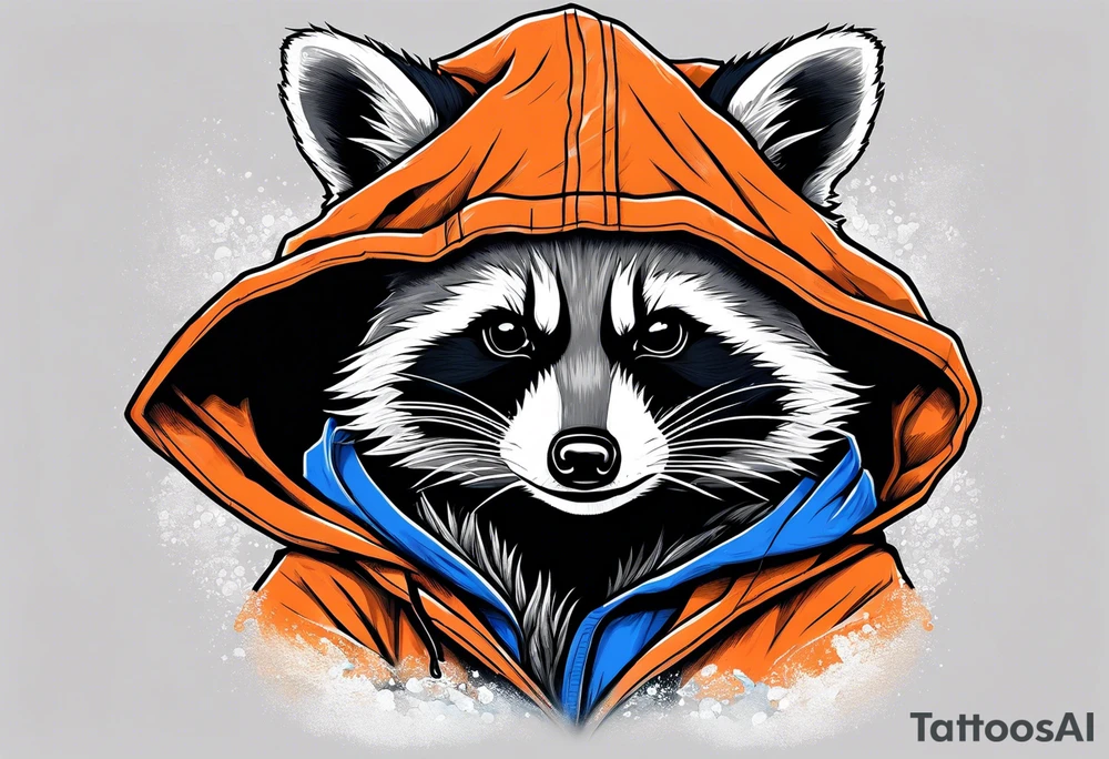 Raccoon wearing an orange Superman hoodie tattoo idea