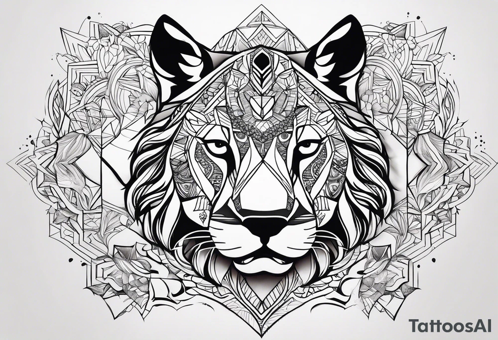 uma leoa, um leao e seus dois filhotes dentro de um retangulo tattoo idea