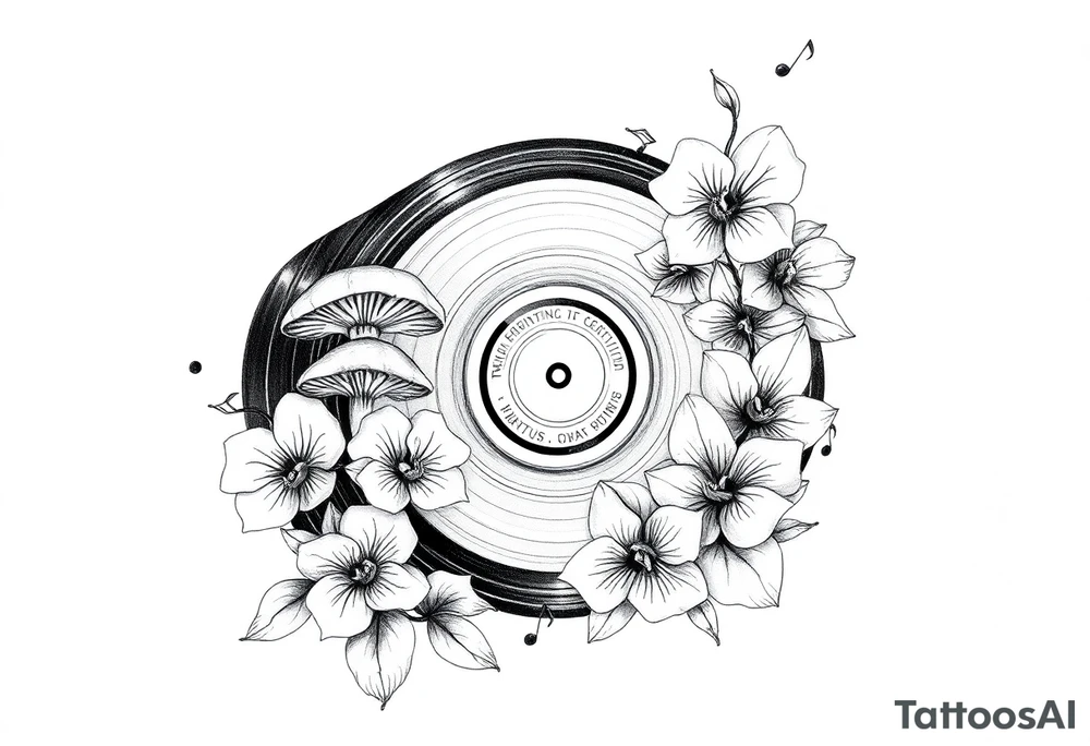 one vinyl record with mushrooms, orchids, and music notes around it tattoo idea
