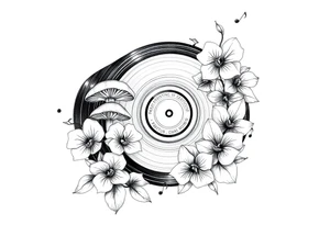 one vinyl record with mushrooms, orchids, and music notes around it tattoo idea