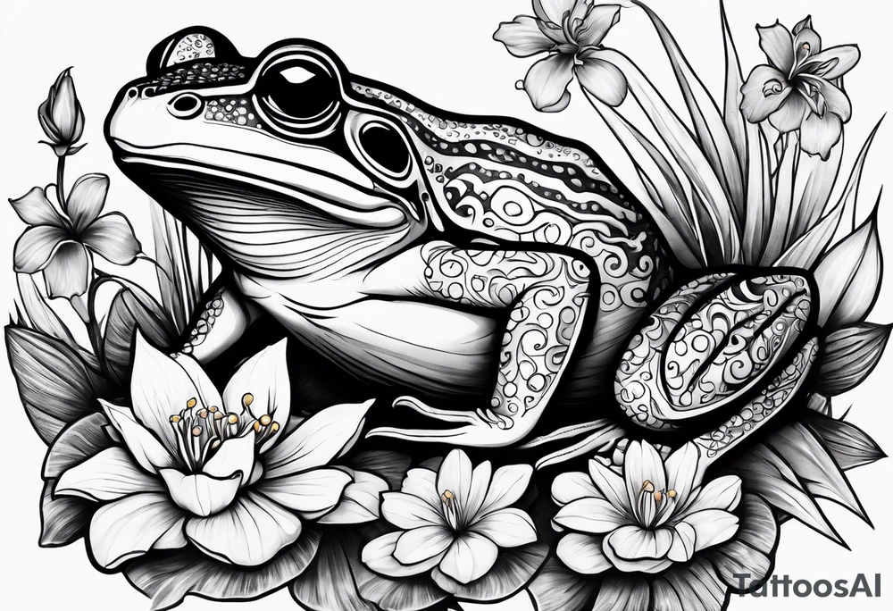 Frog with engagement ring and flowers and sharks tattoo idea