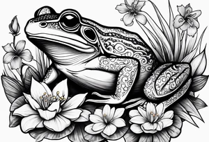 Frog with engagement ring and flowers and sharks tattoo idea