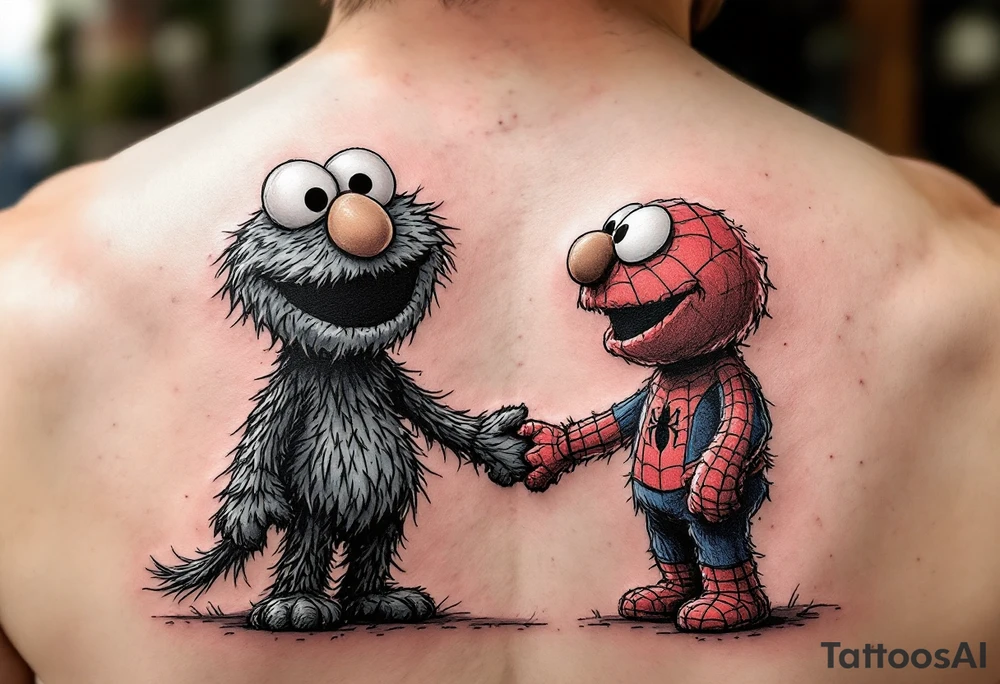 Elmo and spiderman holding hands with a bright colors tattoo idea