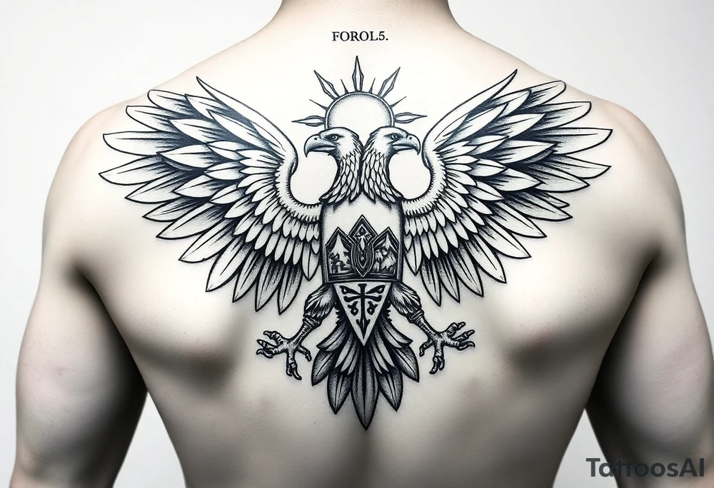 i am looking at getting a russian / serbian style double headed eagle like the coat of arms spread out on my back neck across my shoulders / traps in a orthodox christian church style setting with a sun beaming and in a mountainous setting tattoo idea