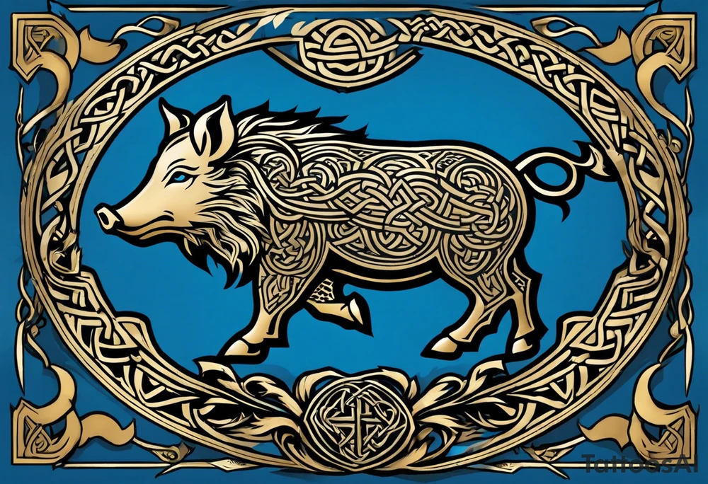 Side profile, Celtic, tribal, wild boar, On a Chatwin family crest with blue background, two gold stars, and a gold Chevron, and a Thistle. With bold black tribal lines. ancient Celtic, tribal boar tattoo idea
