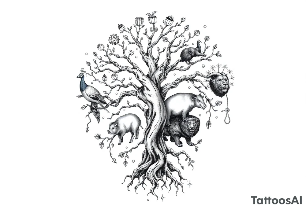 mystical tree of life with cosmic roots and celestial branches fat naked sexy woman , peacock , pig , cupcakes, liquor, cigerette, Storm clouds, pig, peacock , fat sexy naked fat woman, cupcakes, noose , money, goat lion, couple having sex, cigerette storm lightening, killing, darkness death, violent majestic creatures and fat naked girl tattoo idea