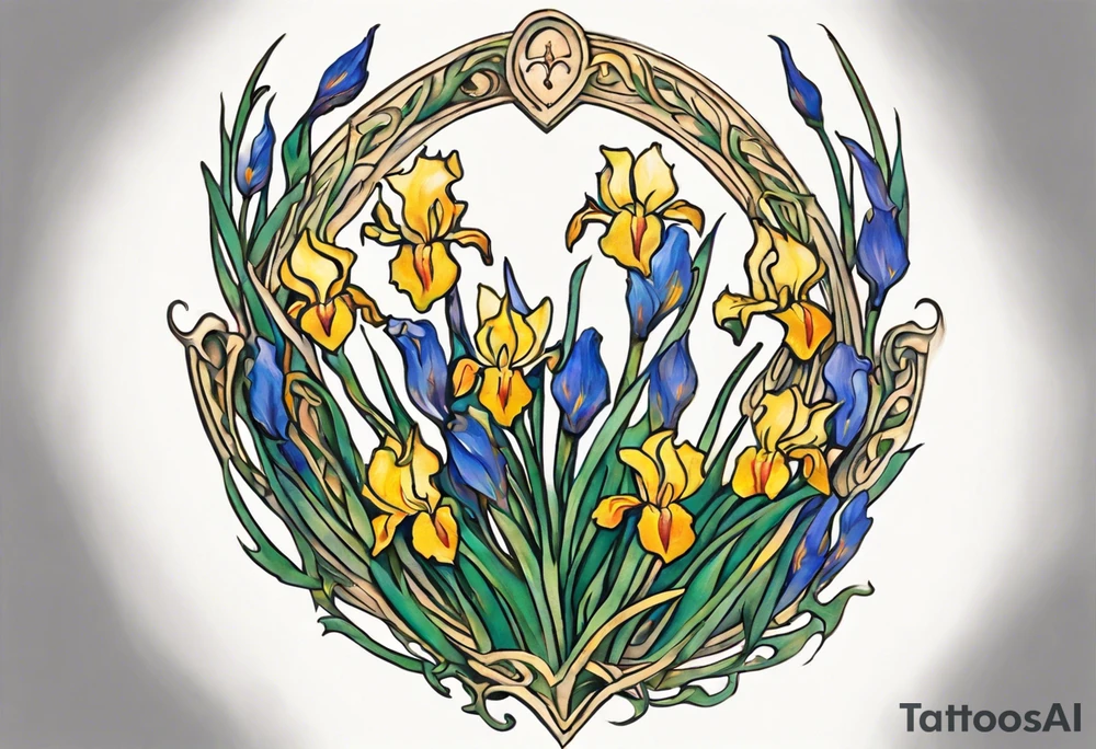 Create a colorful Vincent van Gogh Irises tattoo with Athena's shield and spear. The tattoo should take the form of a crescent, with vines gracefully intertwining at a central point in the middle of the wreath.  The intended placement is on the upper chest. The overall design should be small in size while maintaining a delicate and artistic aesthetic. Pay attention to the graceful flow of the vines and the placement of the irises to achieve a refined and elegant look. tattoo idea