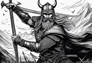 A viking in armor except the helmet on the brink of death pierced with arrows propping himself up with his sword on a seemingly bleak battlefield while still looking up with hope tattoo idea