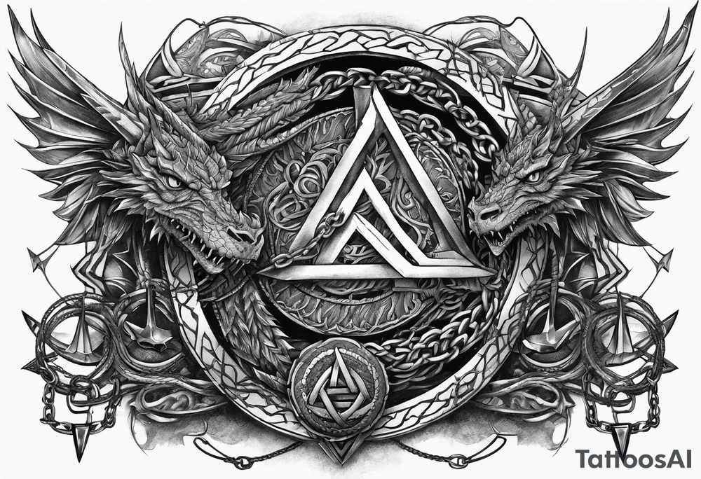 Valhalla sword shield dragon axe Valknut barbed wire chains tattoo idea