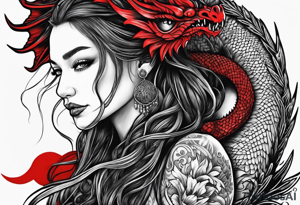 Red dragon behind woman with dreadlocks tattoo idea