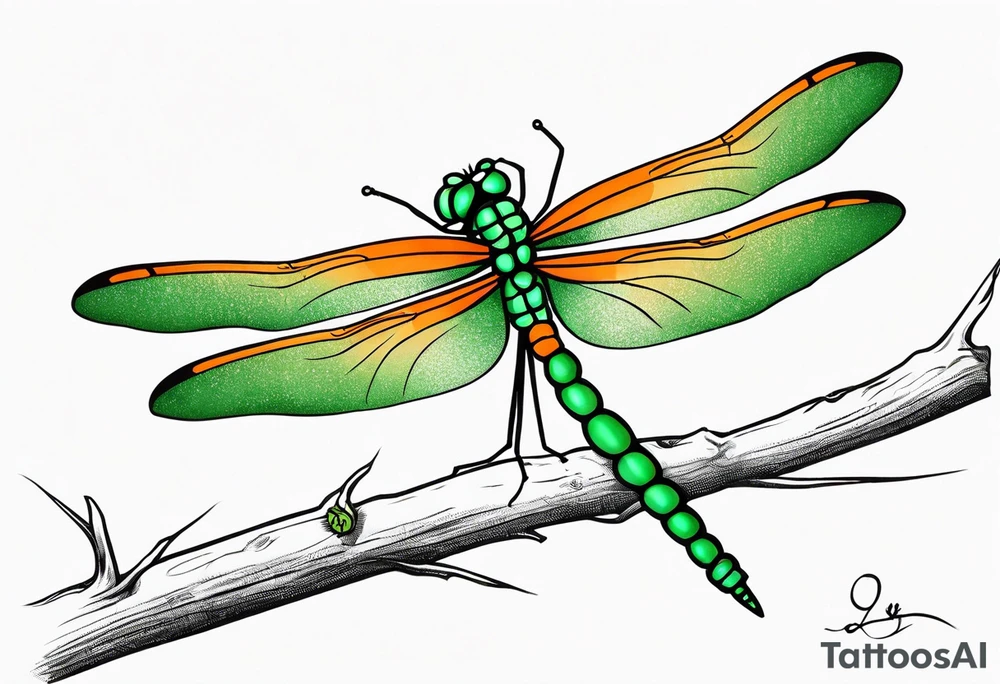 green and orange dragonfly on a twig tattoo idea