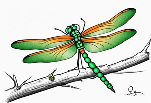 green and orange dragonfly on a twig tattoo idea