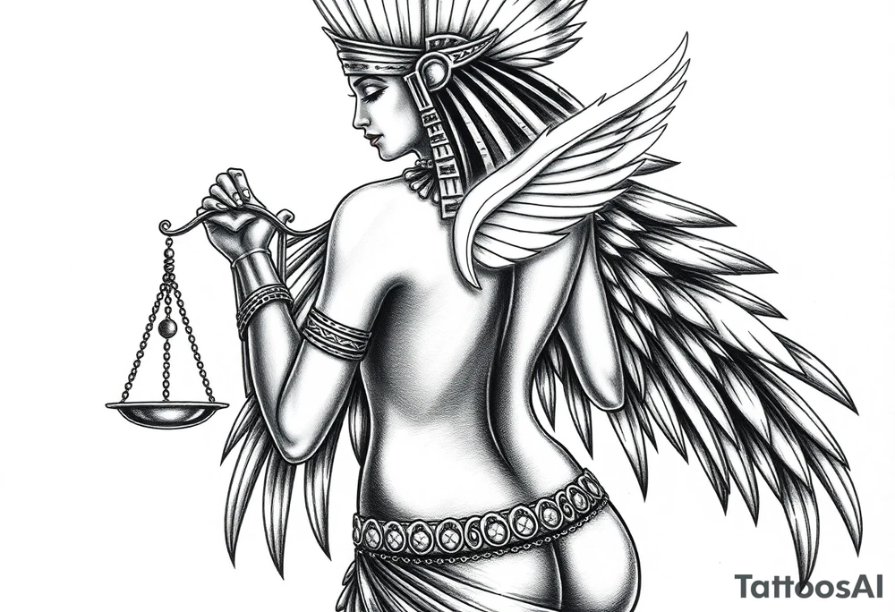Sexy Egyptian goddess with a curvy body, breasts showing, and wide hips. She is wearing an ostrich feather headdress, and intricate ancient Egyptian jewelry. Background includes something similar to heaven. Incorporate the Scales of Justice—one side holding a heart, the other Ma’at’s feather—glowing with ethereal energy. Emphasize dramatic lighting, deep shadows, and surreal, mystical atmosphere tattoo idea