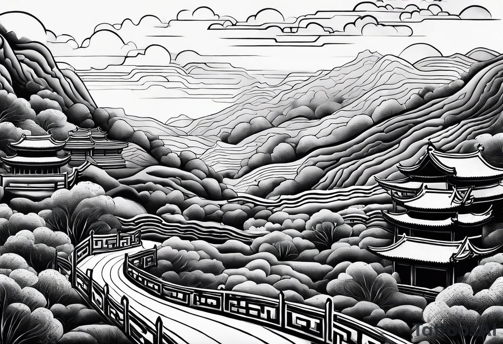Chinese wall, realistic, art, hills, sky tattoo idea