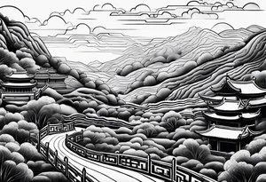 Chinese wall, realistic, art, hills, sky tattoo idea