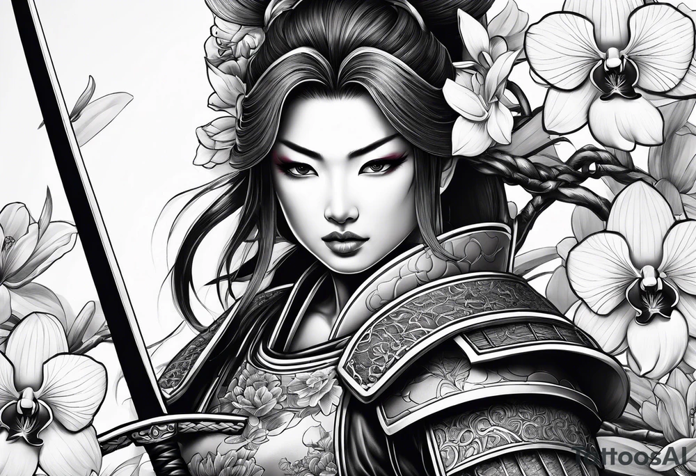 Female samurai in armor with sword and orchids tattoo idea