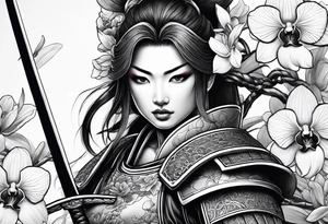 Female samurai in armor with sword and orchids tattoo idea