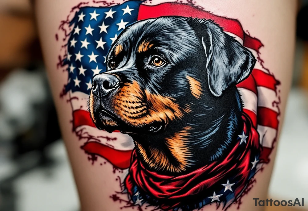 Rottweiler and American Flag – A patriotic Rottweiler with the American flag draped behind it in faded red, white, and blue. Use black and grey fur with selective color. tattoo idea