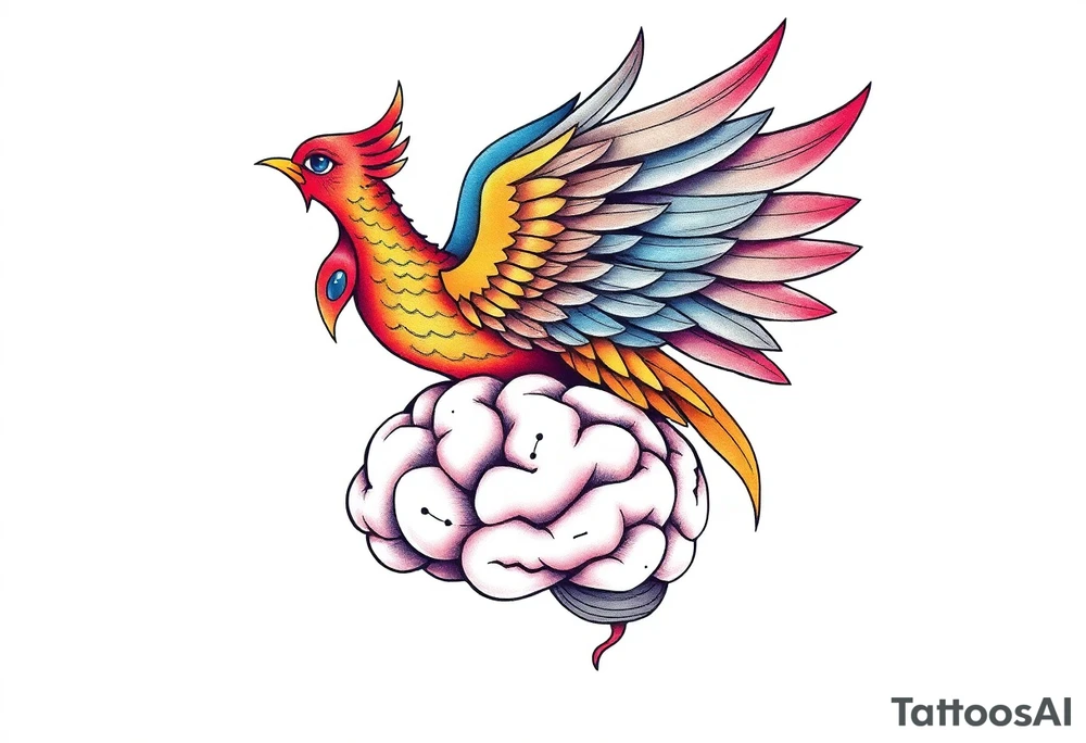 Colorful phoenix flying out of a brain with 3-16-24 tattoo idea