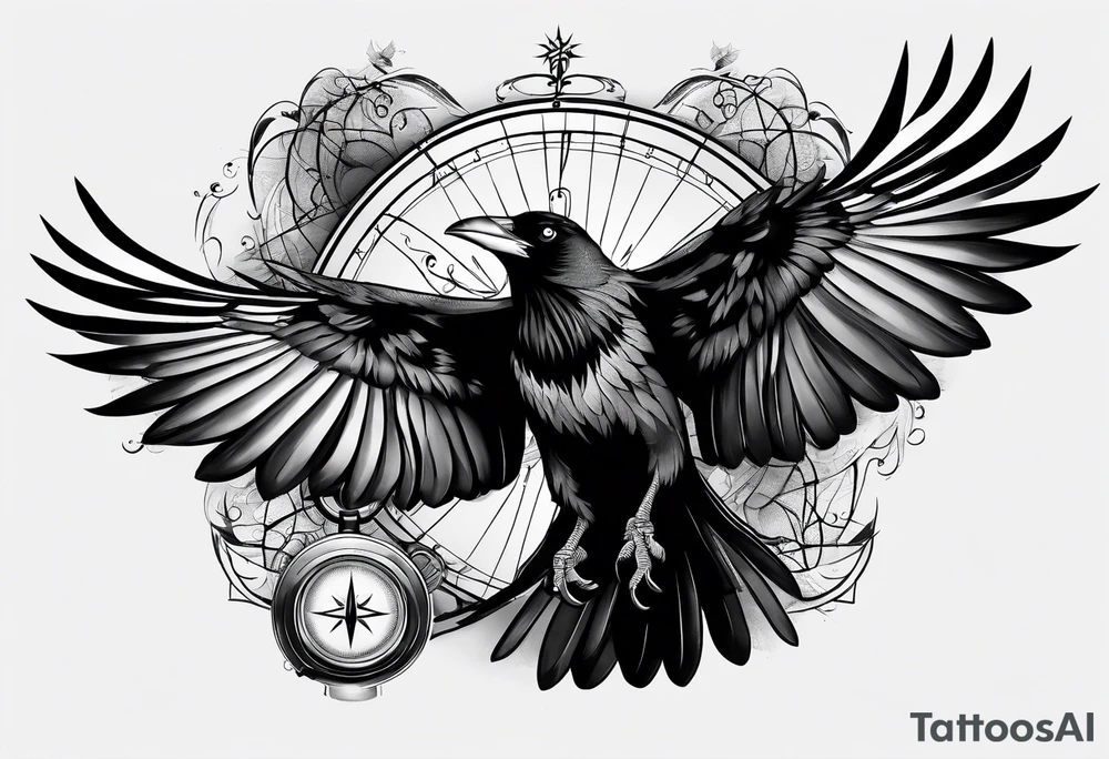 flying crow with compass tattoo idea