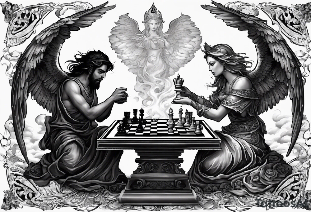 Depict an angel and demon playing chess on a board that morphs from celestial clouds to fiery inferno, representing the merging of the spiritual realms in the eternal game tattoo idea
