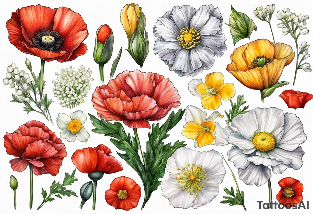 Carnation, primrose, daisy, daisy, lily of the valley, poppy, poppy, poppy, aster, norcissus together tattoo idea