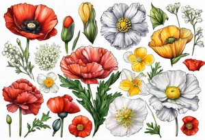 Carnation, primrose, daisy, daisy, lily of the valley, poppy, poppy, poppy, aster, norcissus together tattoo idea