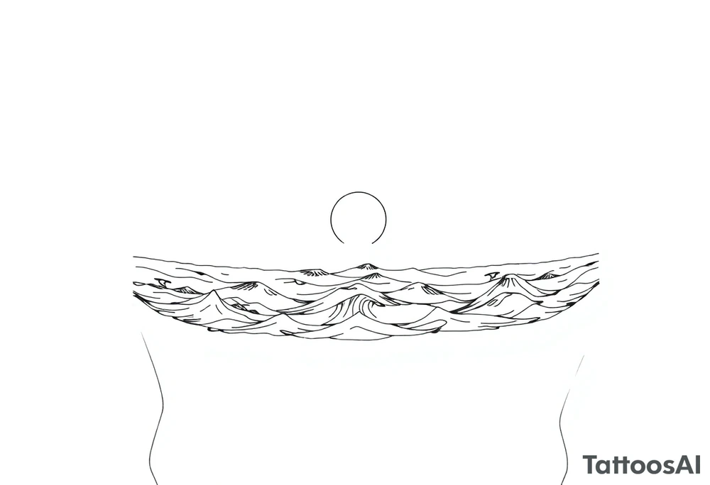 Wrap-around lower arm tattoo, black and white line art. Calm sea waves and horizon, sun or moon above with subtle Norse runes (Algiz, Raido). Balanced, elegant, marine and mythological. Clean outlines, high contrast, stencil-ready. tattoo idea