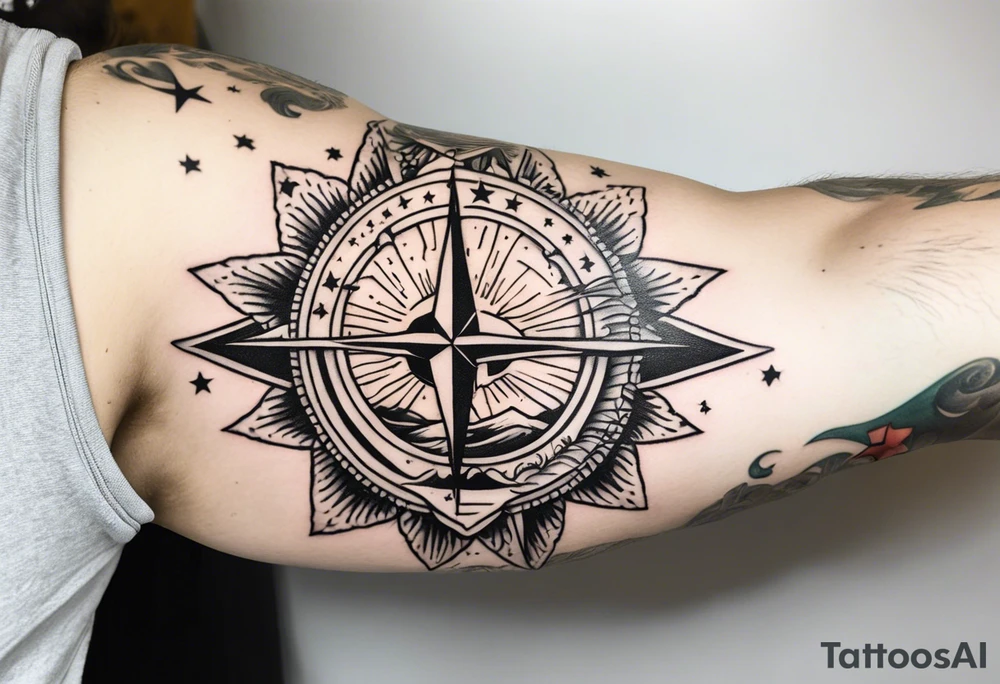 Collage for full left arm sleeve with:
a sun with a quarter moon,
2 stars,
bass guitar,
caduceus symbol tattoo idea