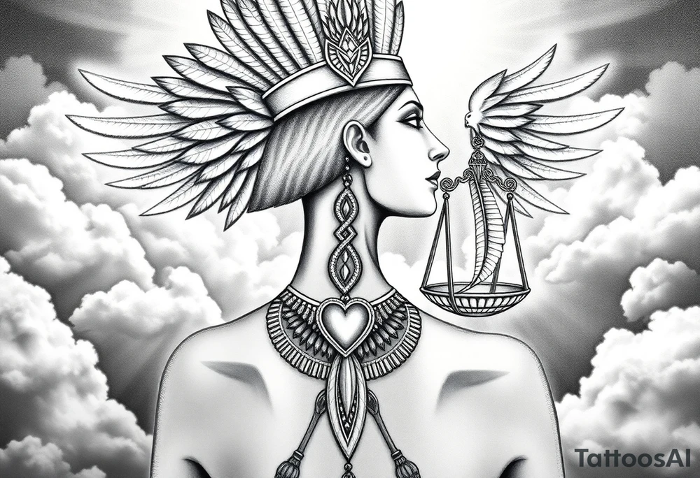 Beautiful Egyptian goddess and elegant body, depicted as a regal woman with an ostrich feather headdress, and intricate ancient Egyptian jewelry such as the Anhk necklace. Background includes something similar to heaven. Incorporate the Scales of Justice—one side holding a heart, the other Ma’at’s feather—glowing with ethereal energy. Emphasize dramatic lighting, deep shadows, and surreal, mystical atmosphere tattoo idea