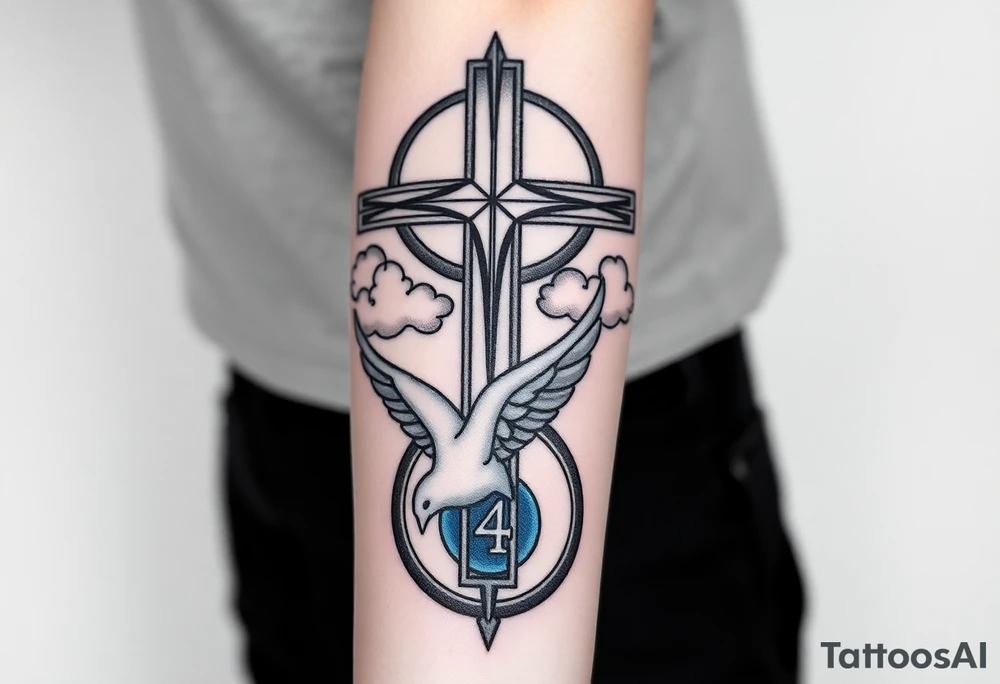 Big cross with clouds in the back with a dove a the bottom left of the forearm with a blue circle ring it and the number 4 to the of the dove. cover the whole forearm tattoo idea
